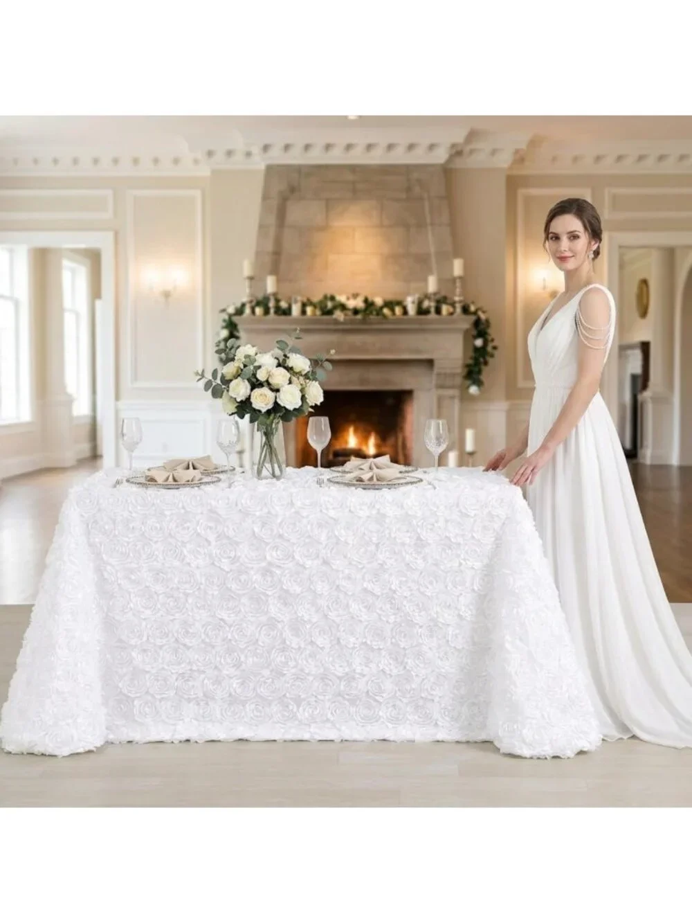 Elegant 3D Floral Rosette Satin Tablecloth 90